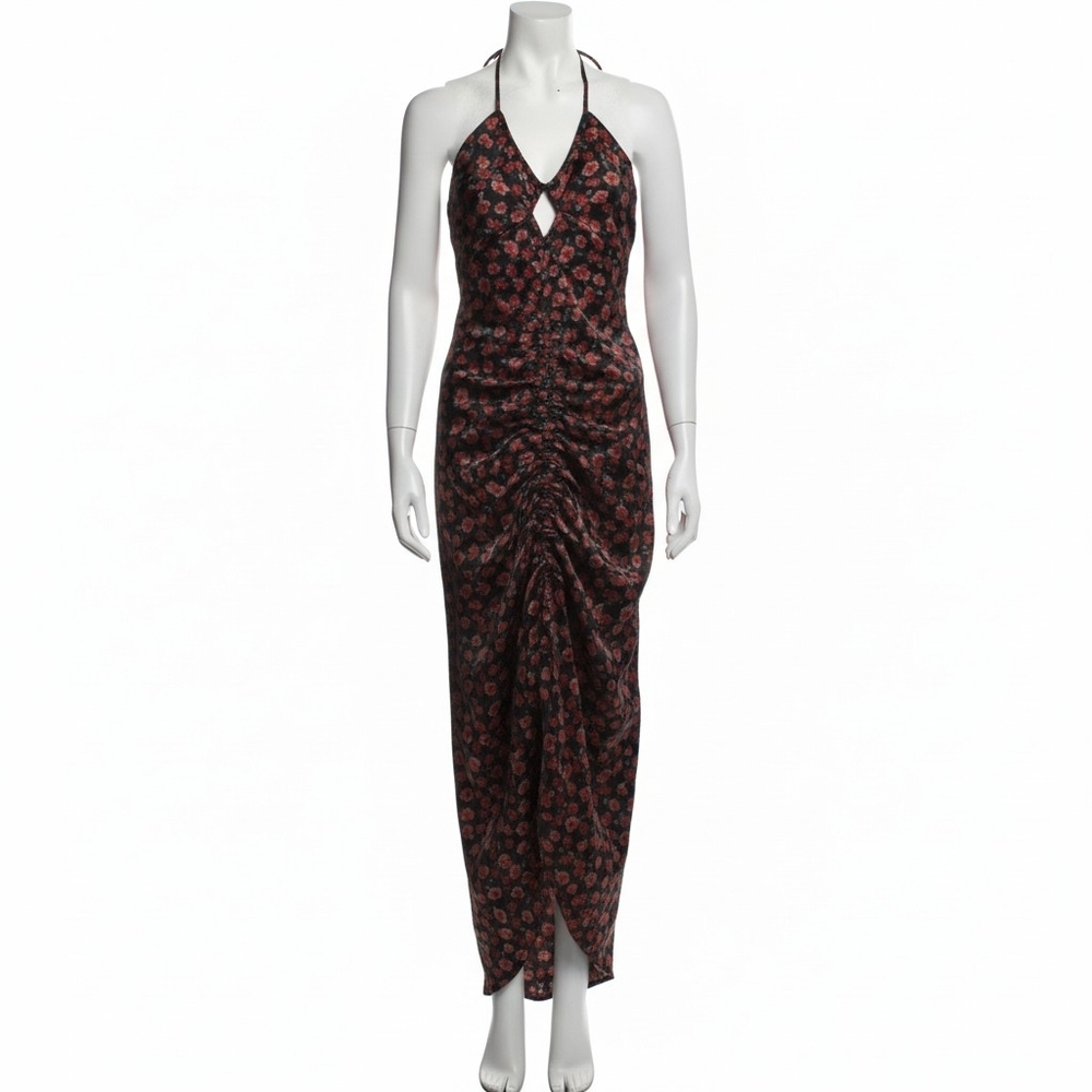 Halter Floral Ruched Maxi Dress in Black and Rose